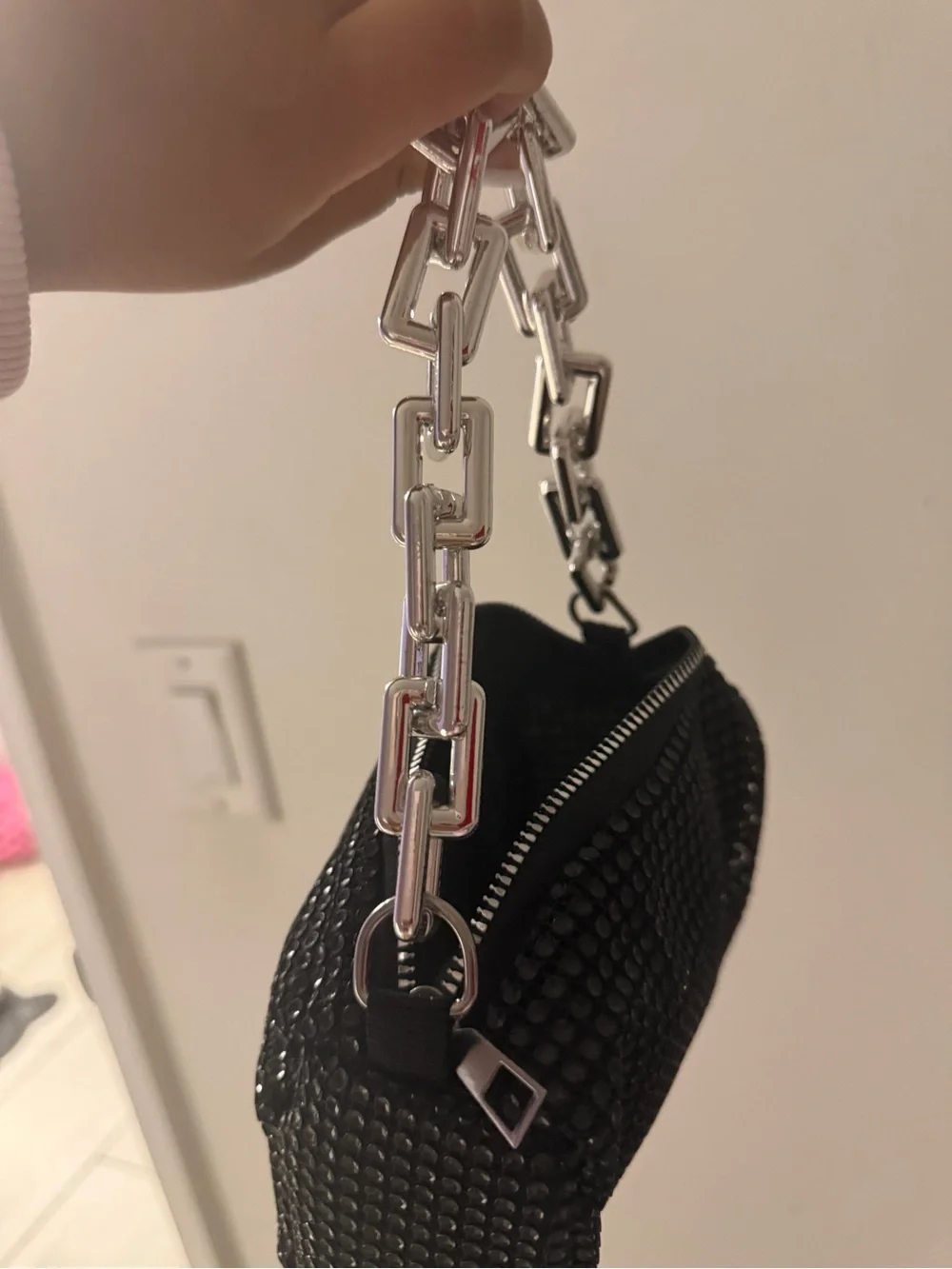 Black Rhinestone Wristlet with Chunky Silver Chain Handle